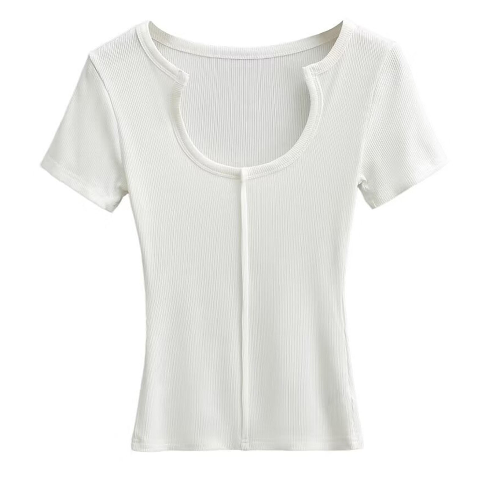 thumbnail image 4 of Blusa sexy de cuello en U y manga corta ajustada para mujer - Top elástico acanalado para salir por la noche o para el día a día, 4 of 4